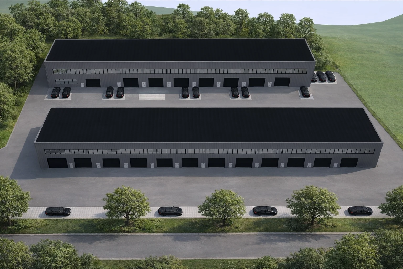 Visualisierung des Gewerbehallen-Projekts Knillhof in Stadt Haag aus der Vogelperspektive